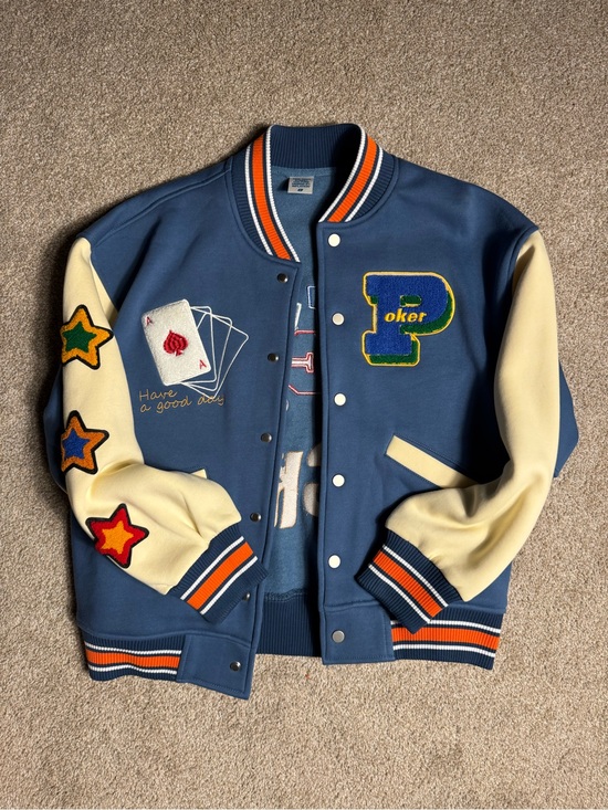 Other - Blue & Cream 'P' Patch Varsity Jacket with Star and Card Appliqués
